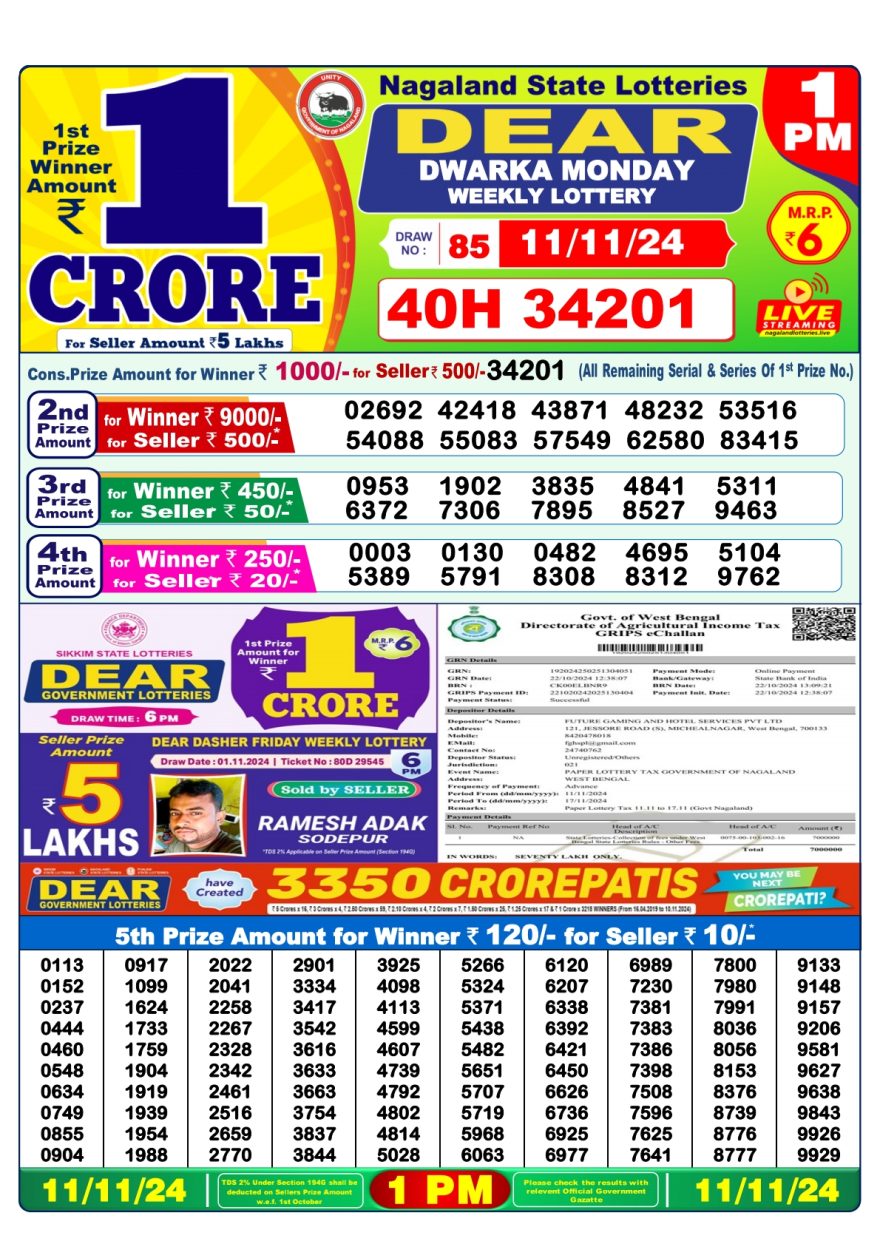 Lottery Sambad Result Today, November  11, 2024, 1 PM, 6 PM, 8 PM Draws, Live Updates, Winning Numbers